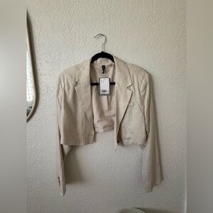 H&M Cream Cropped Linen Blazer Classic Lapel